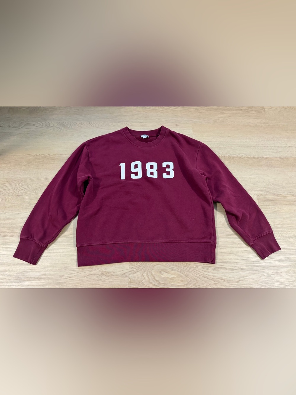 J Crew 1983 Graphic Sweatshirt Burgundy Oversized Casual Preppy Pullover Size S